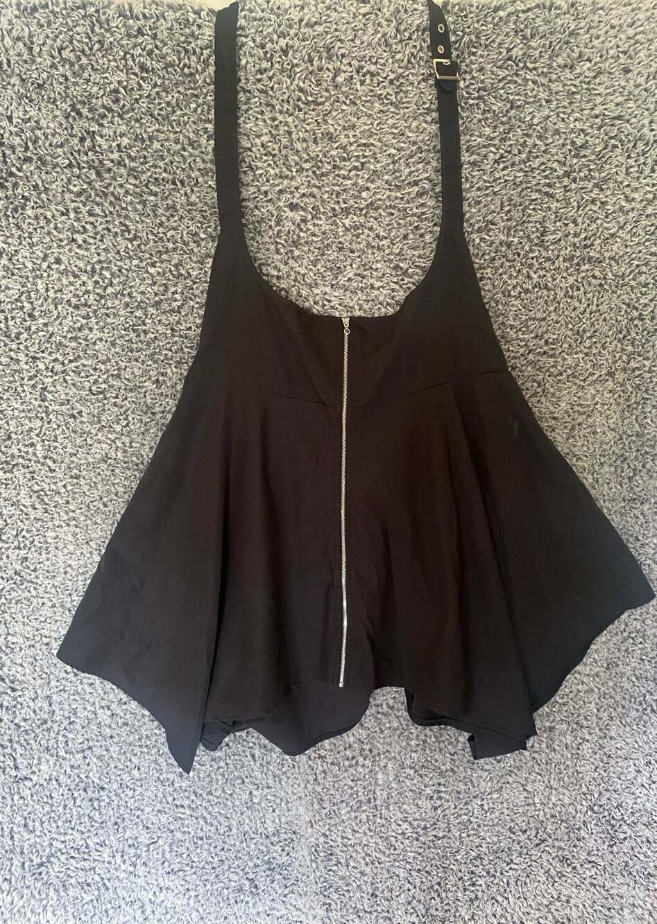 Current Mood Dolls Kill Black Buckle Strap Handkerchief Hem Zip Front Top